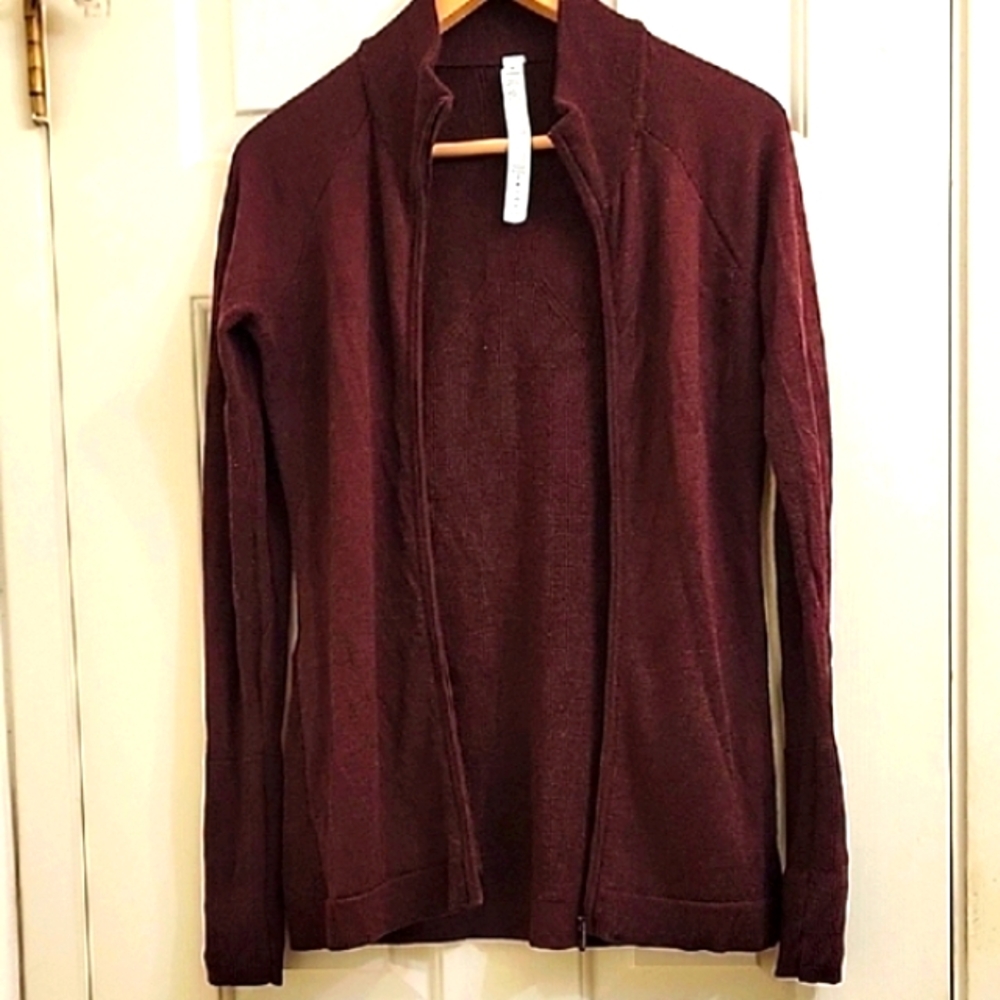 Lululemon Athletica 100% Merino Wool Burgandy Cardigan Thumb Hole Zip Up Sweater